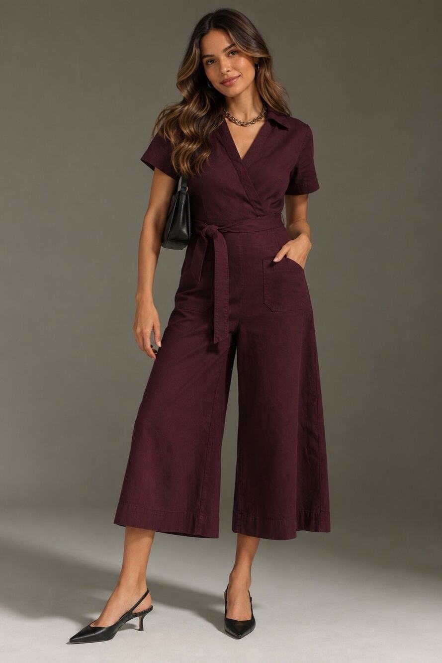 Maeve Anthropologie Wrapped Culotte Jumpsuit 6 Burgundy Linen Blend Wide Leg